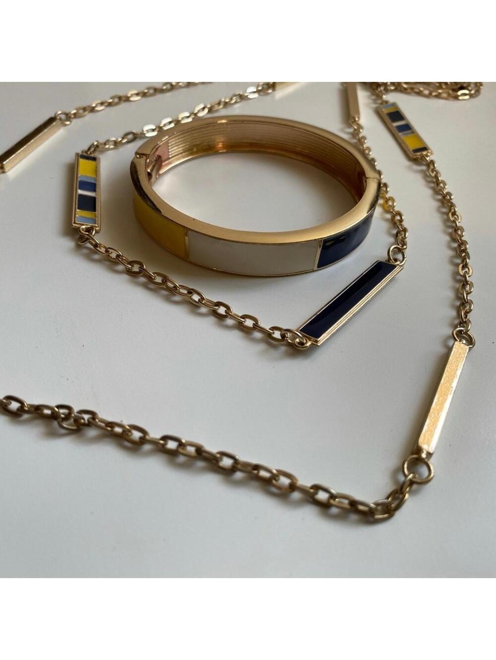 Charming Charlie Bar Layered Necklace & Bangle Bracelet Yellow Blue Gold Tone